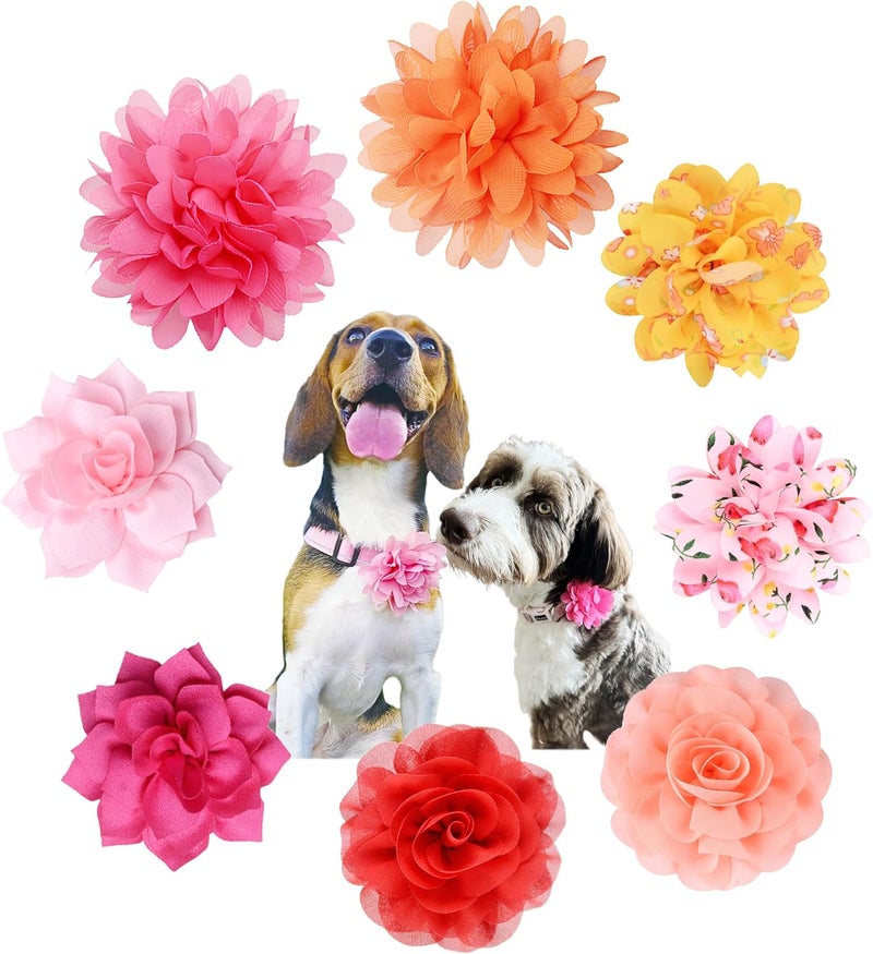 iToolai Dog Collar Flower Attachment, 8Pcs/4 Styles Cat Flowers Collar Charm Accessories,Chiffon Slide-on Flower Bows for Puppy Pet Grooming,Multicolored Pinky Series - Image 1